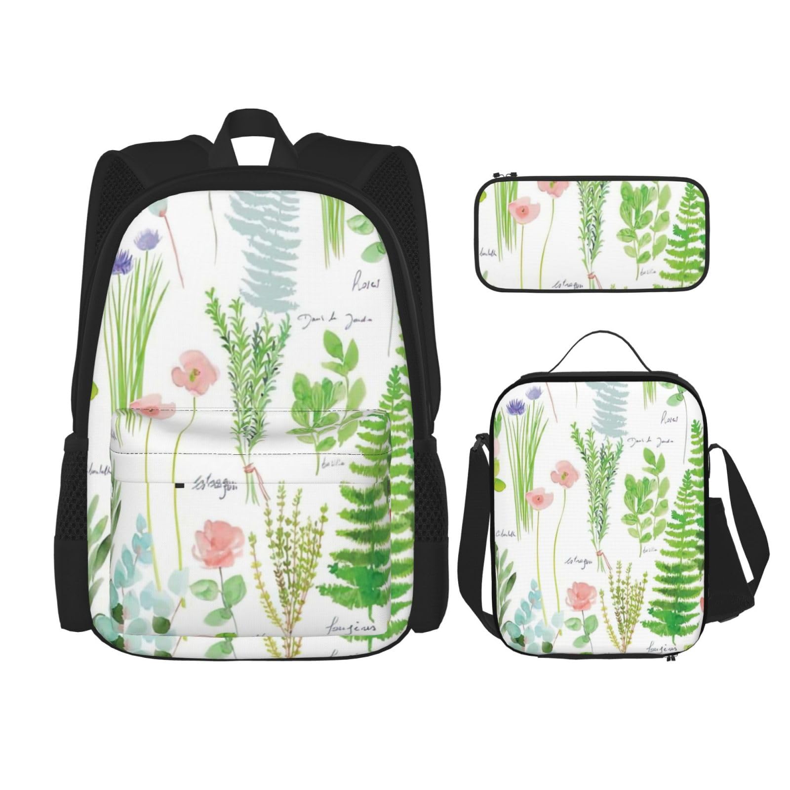 WURTON Springtime 3-in-1 Büchertaschen-Set mit Kräutergarten-Druck, verstellbarer Schulter-Rucksack, Lunch-Tasche, Federmäppchen, Beutelbox, Schwarz, Einheitsgröße