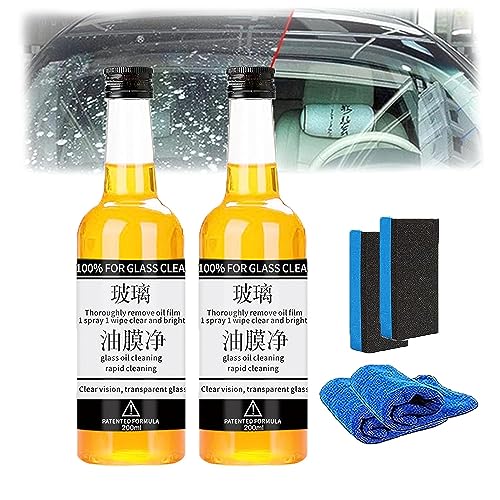 Oil Film Remover For Glass,Glass Stripper From Invisible Glass,Universal Car Glass Polishing Degreaser Cleaner with Sponge and Towel (2 pcs)