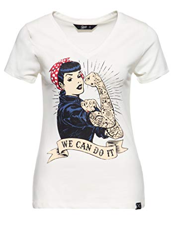 Queen Kerosin Damen Kurzarm T-Shirt Vintage Print We Can Do It V Ausschnitt Slim Fit We Can Do It