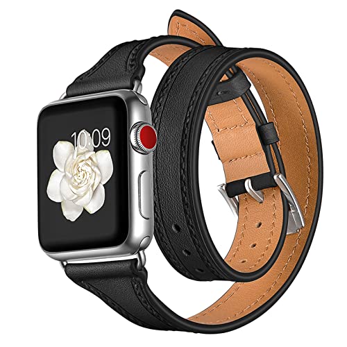 YIHANSS Lederarmbänder für Damen für 45 mm, 44 mm, 42 mm oder 41 mm, 40 mm, 38 mm, echtes Leder, Double Tour-Design, schmales Ersatzarmband für die iWatch Serie 7, 6, 5, 4, 3, 2, 1, SE