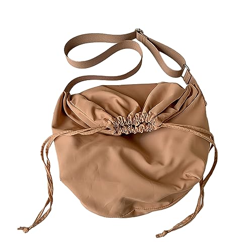 ohodhmnu Damen Tragetasche, 2023 Kordelzug Schultertasche Einfache Mode Crossbody Tasche Vielseitige Nylon Tasche Große Kapazität Reisetasche für Frauen Mädchen, braun, with ribbon