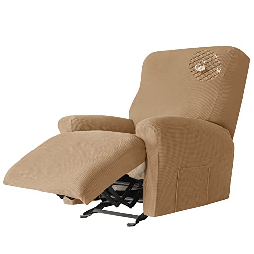 JHLD 4 Stück Stretch Ruhesessel Bezug, 1 Sitzer Relaxsessel Bezug wasserdicht Ruhesessel bezüge Mit Seitentasche Für Wohnzimmer -Khaki-Ruhesessel