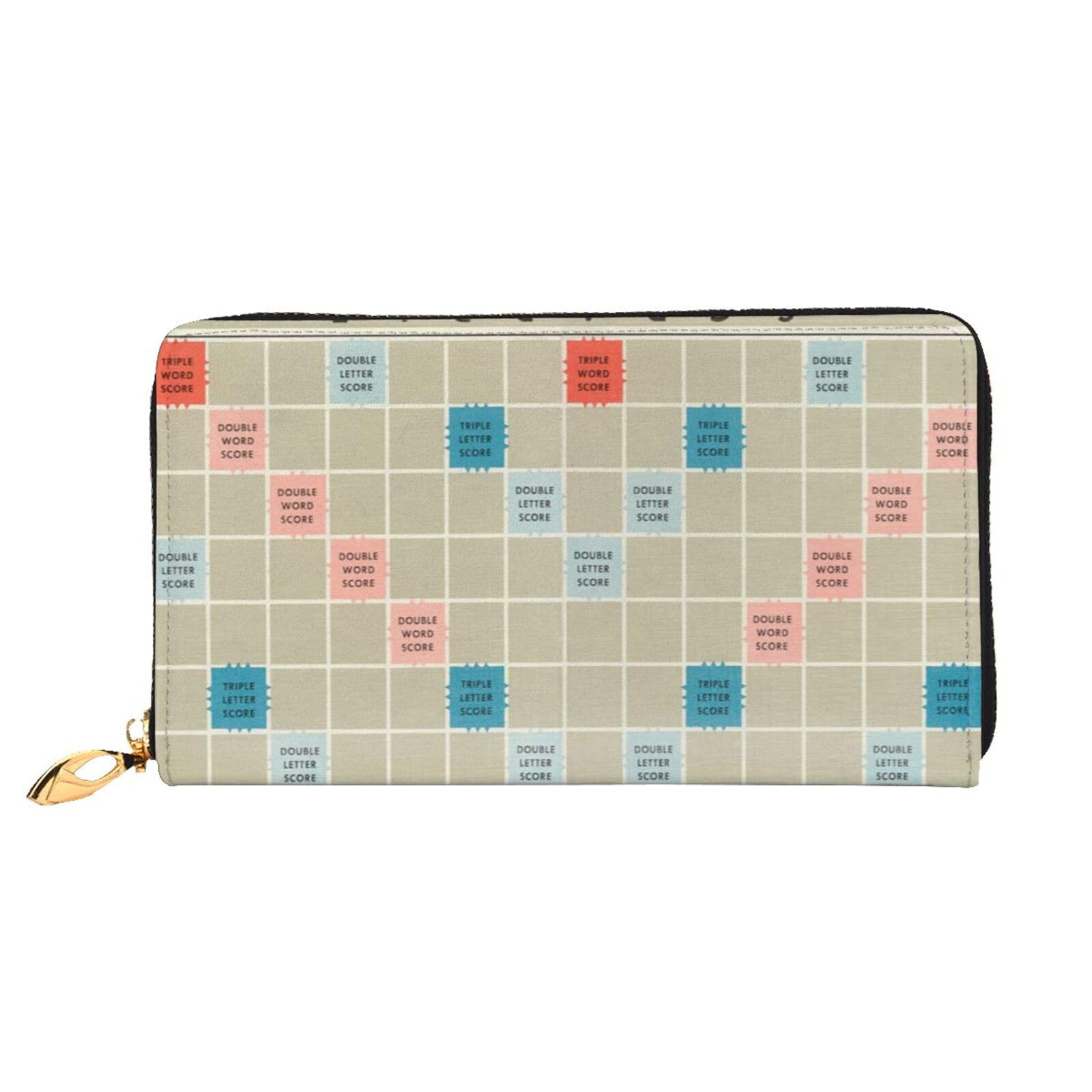 DENMER Scrabble Board Ledergeldbörse aus Kunstleder mit metallischem Reißverschluss, geräumiges und stilvolles Accessoire für moderne Frauen, Scrabble Board, Einheitsgröße, Modern