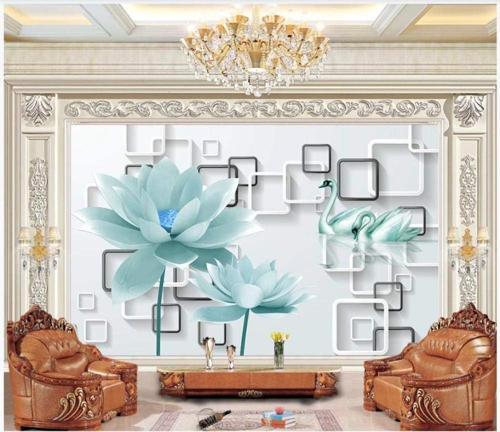 Schwarz-Weißes Quadrat Blauer Lotus Blauer Schwan 3D Tapete Poster Restaurant Schlafzimmer Wohnzimmer Sofa TV Dekorative Wand-200cm×140cm