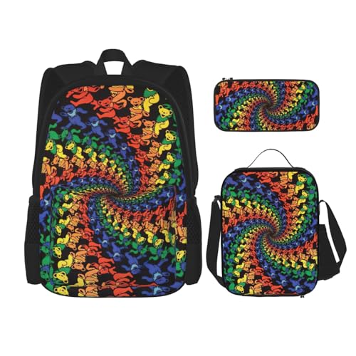 WURTON Bear Dancing Tie Dye Print Schulter-Rucksack 3-in-1 Büchertaschen-Set Lunchbox Federmäppchen Reise Laptop Tagesrucksäcke, Schwarz , Einheitsgröße