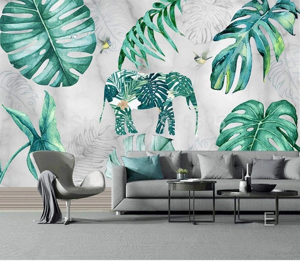 Tropische Pflanze Green Leaf Elephant 3D Tapete Poster Restaurant Schlafzimmer Wohnzimmer Sofa TV Dekorative Wand-400cm×280cm