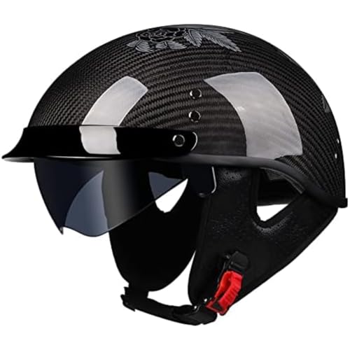 BYFHHHH Halbschalenhelm, ECE-Zugelassener Carbonfaser-Motorradhelm, Helm-Scooter, Integriertes Visier, Verstellbarer Schnellverschlussgurt, Für Cruiser, Chopper, Biker, Moped D,L=59~60CM