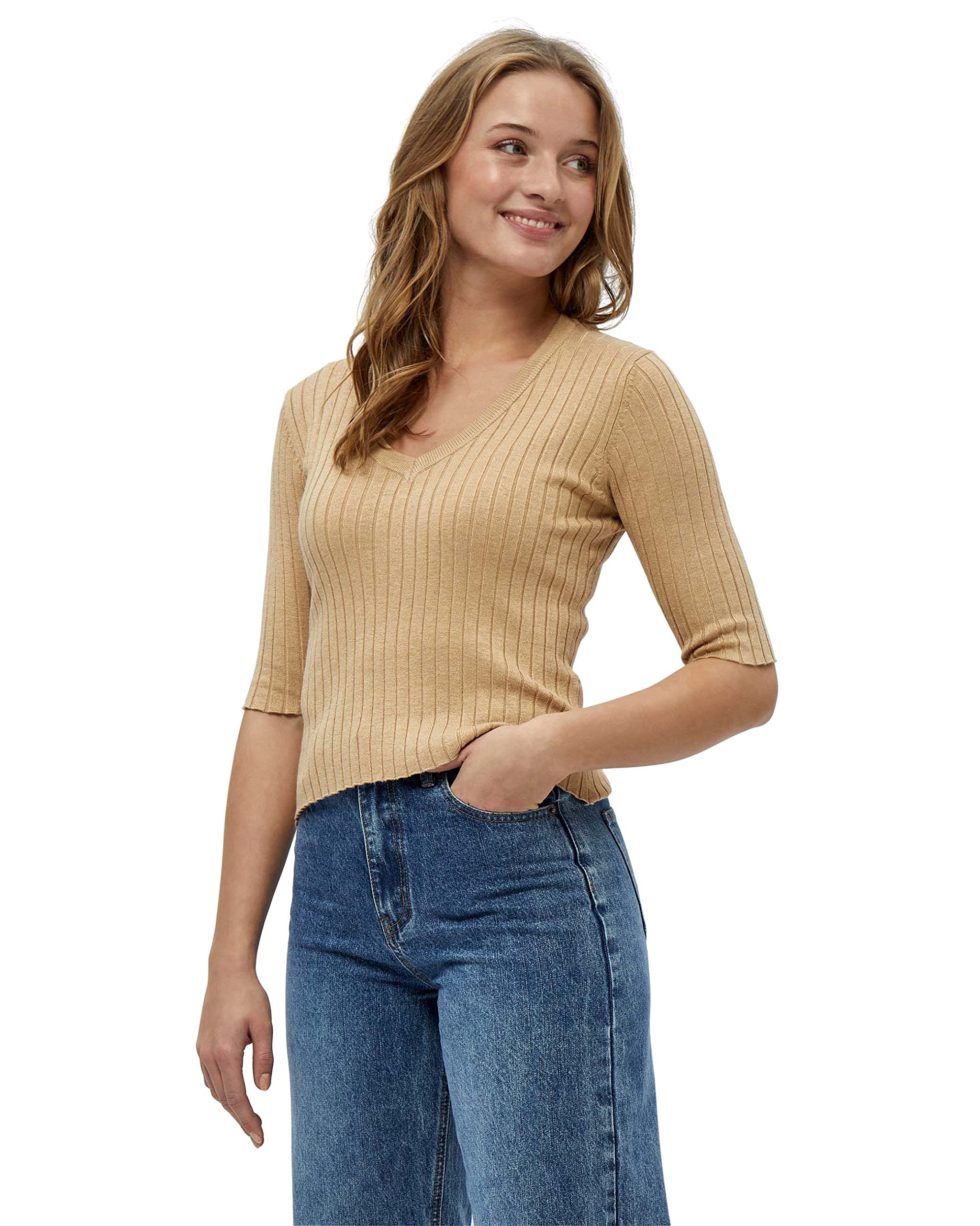 Peppercorn Tana V-Ausschnitt Halb Ärmel Rib Pullover | Pullover Damen In Braun | Frühling Pulli Damen | Größe M