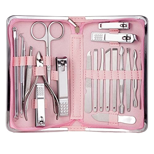 SCRUBY Nagelknipser, professionelles Pflegeset, Pediküre-Set, Nagelschneider, Werkzeuge mit luxuriösem Reiseetui, Maniküre, Schere, Make-up (21 Stück, Rosa)