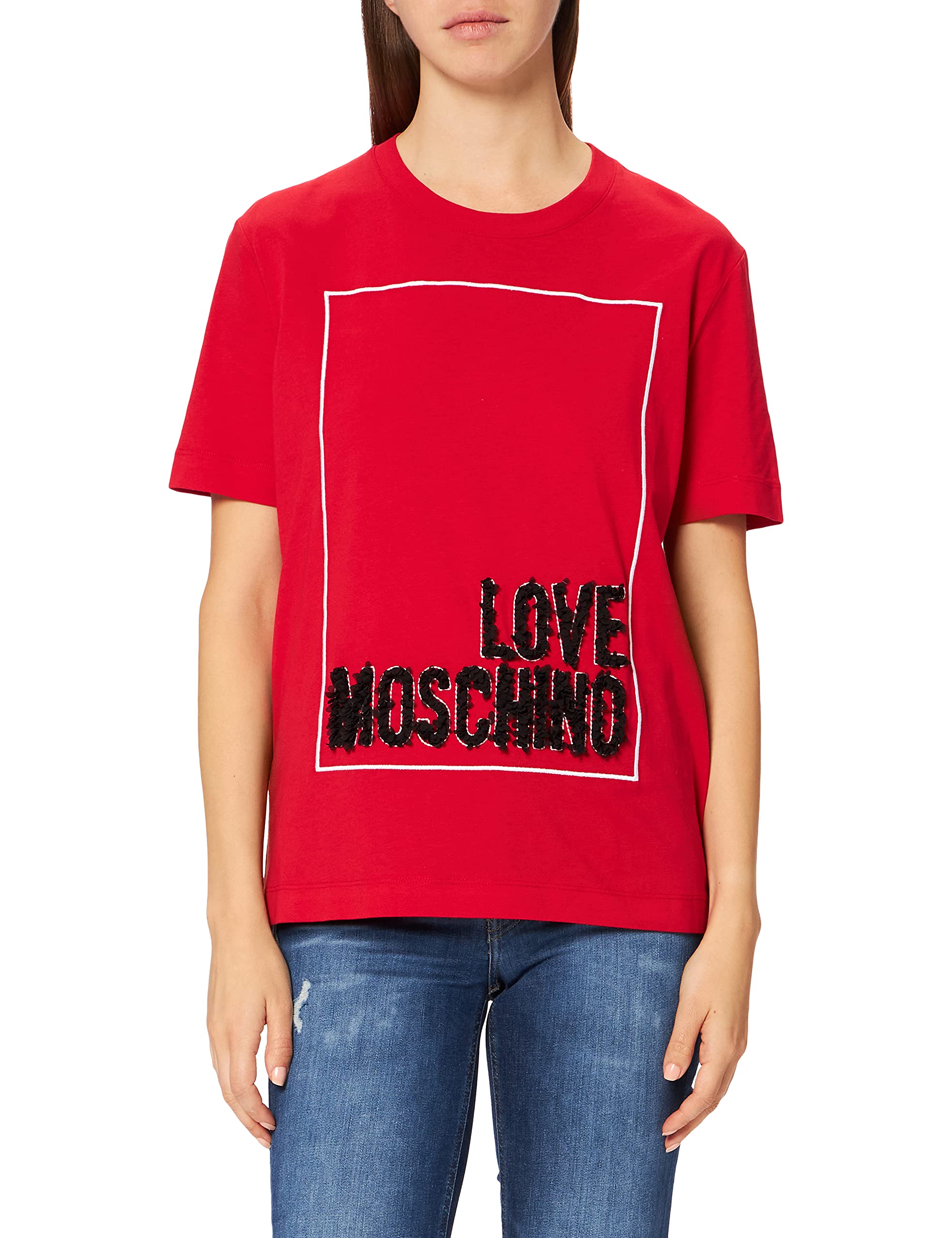 Love Moschino Damen Short Sleeved Seasonal Logo Box with Embroidery and 3-D Effect Organza Petals T-Shirt, RED, 38