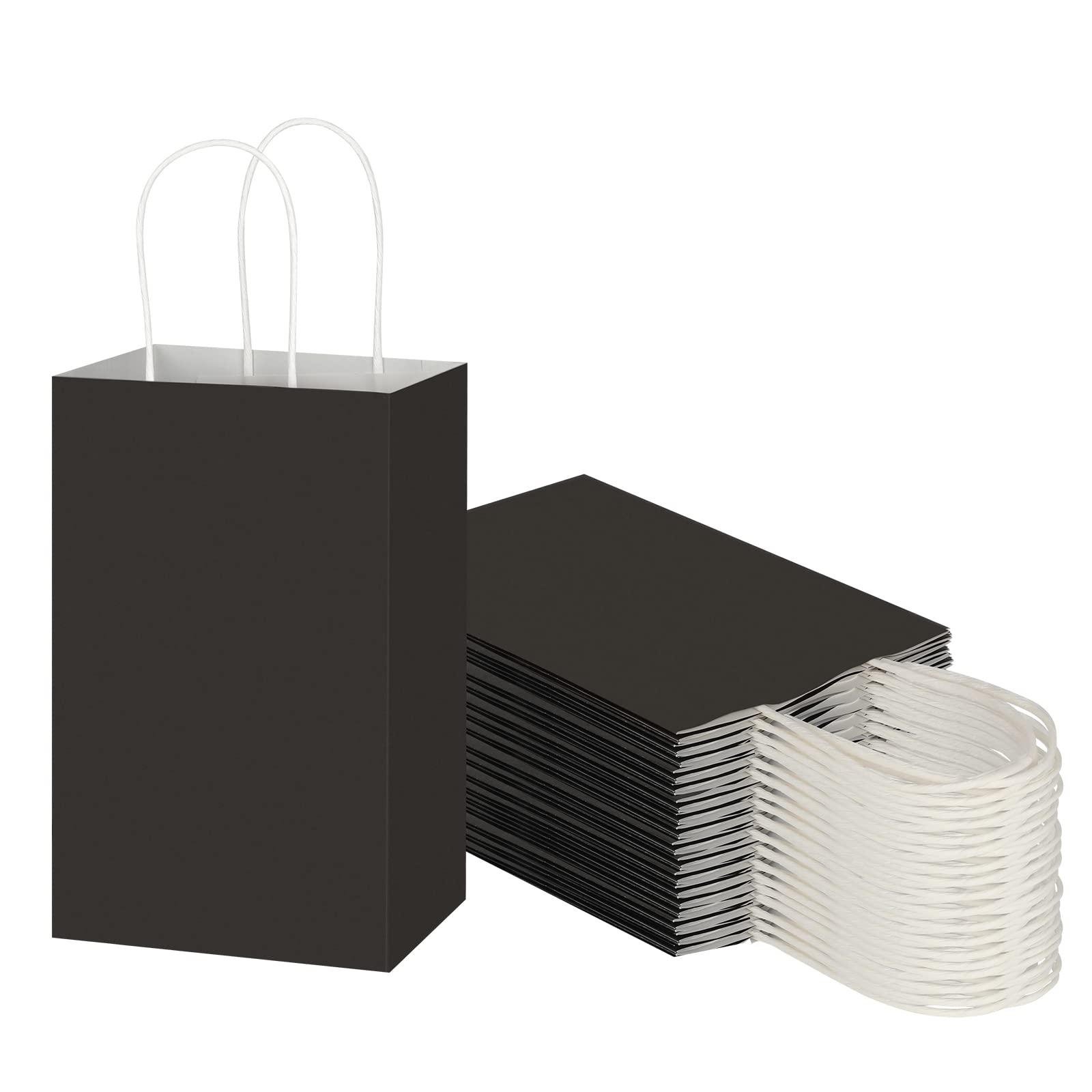 Toovip 50 Stück 13x8.25x21.2 cm, kleine, schwarze Kraftpapiertüten mit Griffen, Geschenktüten für Geburtstagsparty, Gastgeschenke, Lebensmittel, Einkaufen, Bastelarbeiten, Merchandise-Taschen