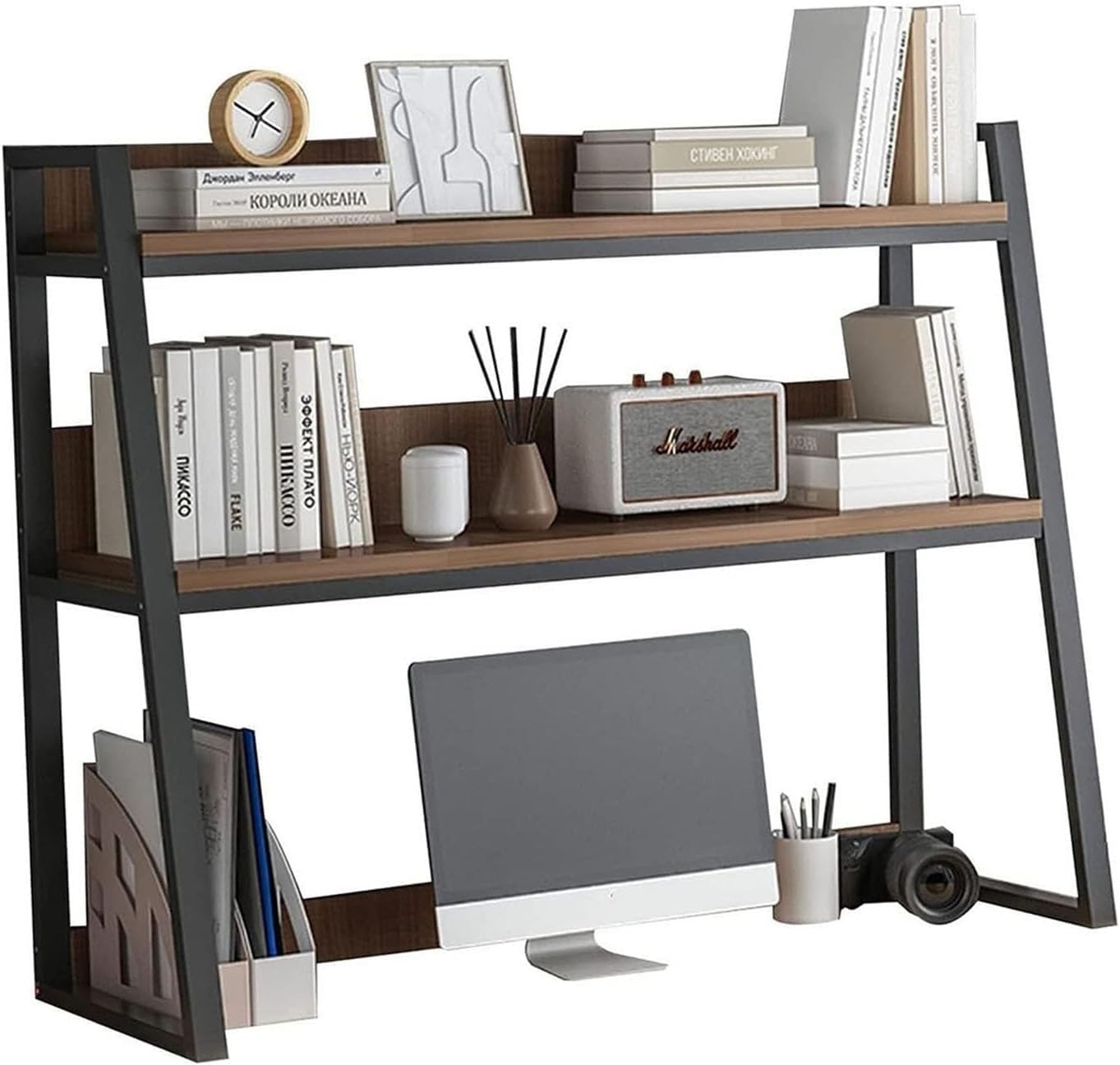 QYZUJIKL Desktop-Bücherregal Trapezförmiges Desktop-Bücherregal, Metall-Holz-Computer-Schreibtisch-Bücherregal, Schreibtisch-Bücherregal-Organizer-Rack