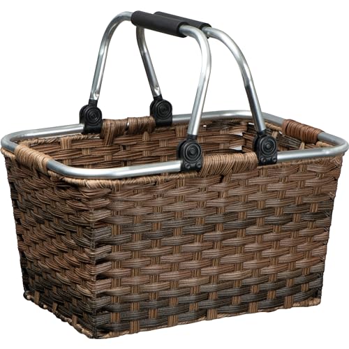 Rattan Einkaufskorb individuelle Einfärbung mit hochwertigem gepolstertem Aluminium Klapphenkel Shopper Korb Basket viel Stauraum 41 x 30 x 25 cm