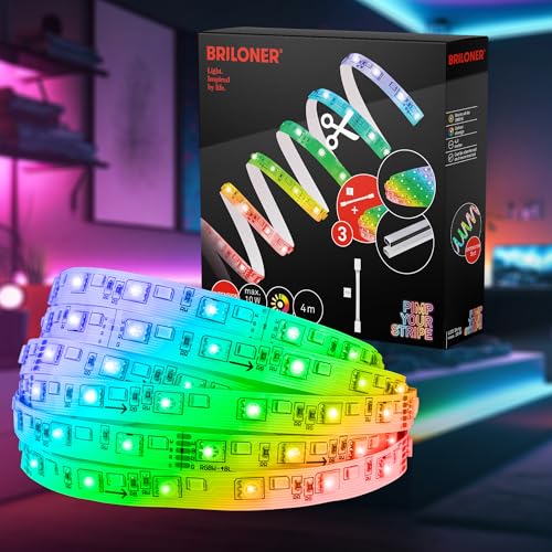 BRILONER - Pimp your Stripe Erweiterungsset 4m LED Strip, bunte RGB Farben, Warmweiß, Dimmbar, Farbprogramme, Kürzbar, Selbstklebend, LED Streifen, LED Lichtleiste, Zimmer Deko, Gaming Deko