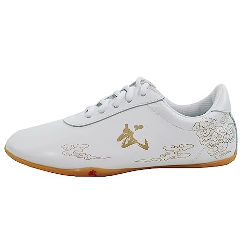 Männer Frauen Kung Fu Tai Chi Schuhe, Leichte Leder Kampfsport Schuhe Nicht Slip Wushu Shaolin Trainingsschuhe,Weiß,37 EU