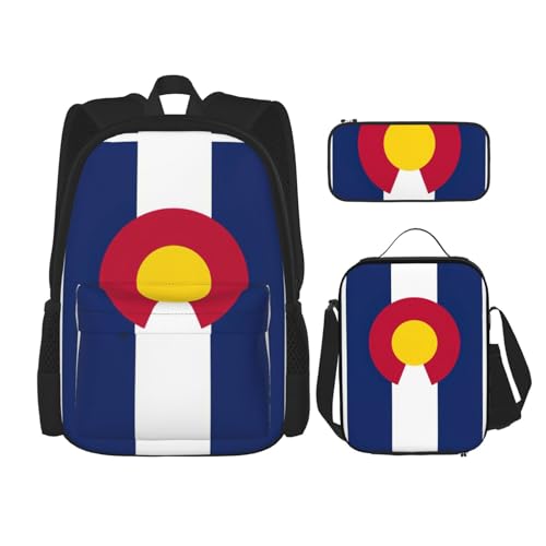 WURTON Colorado Schulrucksack-Set mit Staatsflagge, 3-in-1-Büchertaschen-Set mit Lunchbox, Federmäppchen, Reise-Laptop-Tagesrucksäcke