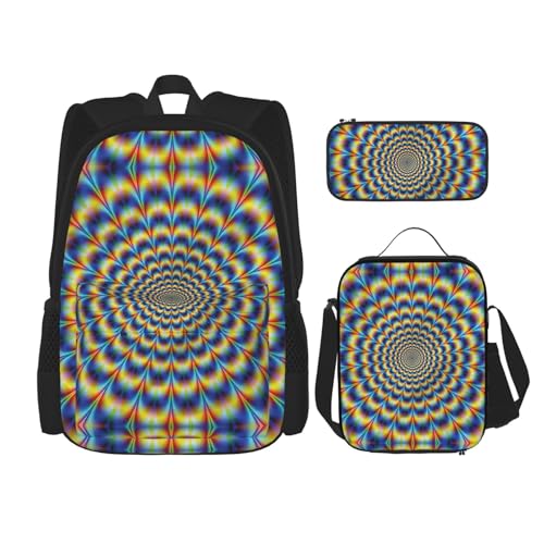 WURTON Spiralförmige optische Täuschung, Gif-Druck, verstellbare Schultergurte, Rucksack-Set, Lunchtasche, Federmäppchen, Kombinationstaschen-Set