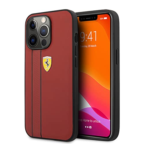 CG MOBILE Ferrari Schutzhülle für iPhone 13 Pro in Rot mit zwei schwarzen Linien, Echtleder-Schutzhülle mit einfachem Snap-on, Stoßdämpfung & Signature Logo