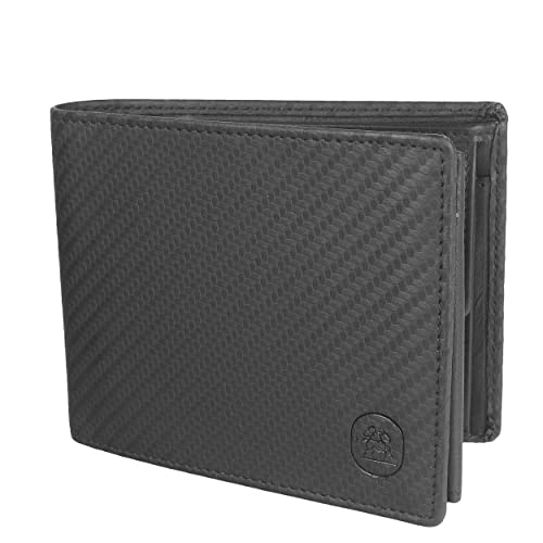 Geldbörse Herren Leder Schwarz Carbon mit Geschenkbox aus Holz - Portemonnaie Geldbeutel Echtleder für Männer - RFID Wallet Men - Brieftasche Querformat echtes Leder (Schwarz Carbon)