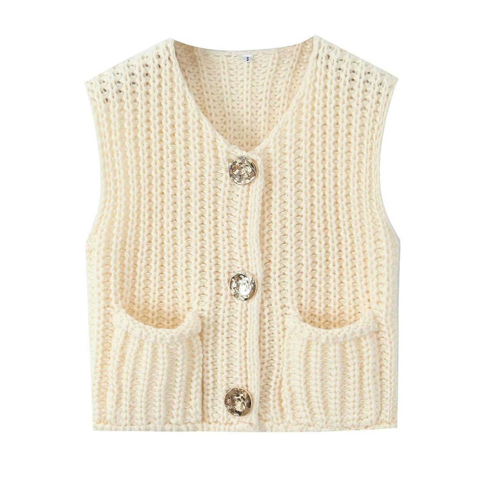 Sweater Vests Women 2024, Women's Button Front V Neck Sleeveless Crochet Solid Checkered Knit Sweater Vest with Pockets (Beige,Small)