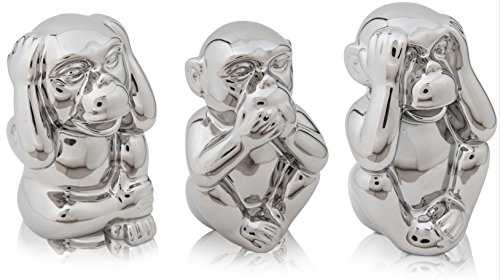 CHICCIE Die DREI Weisen Affen - Silber Keramik 14cm - Nichts sehen hören Sagen Glücksbringer Skulptur Figuren