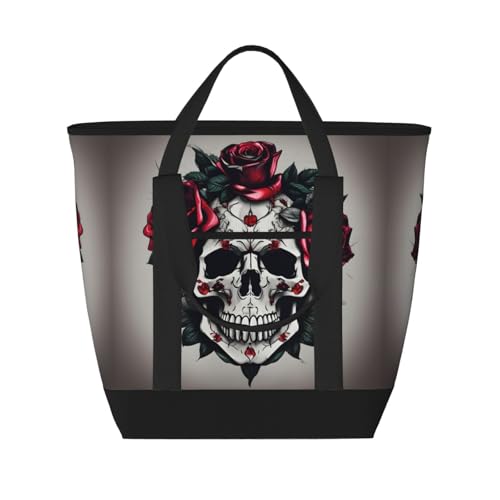 YQxwJL Isolierte Kühltasche mit rotem Rosen-Totenkopf-Druck, großes Fassungsvermögen, Einkaufstasche, Reisetasche, Strand, wiederverwendbare Einkaufstasche für Erwachsene, Schwarz, Einheitsgröße