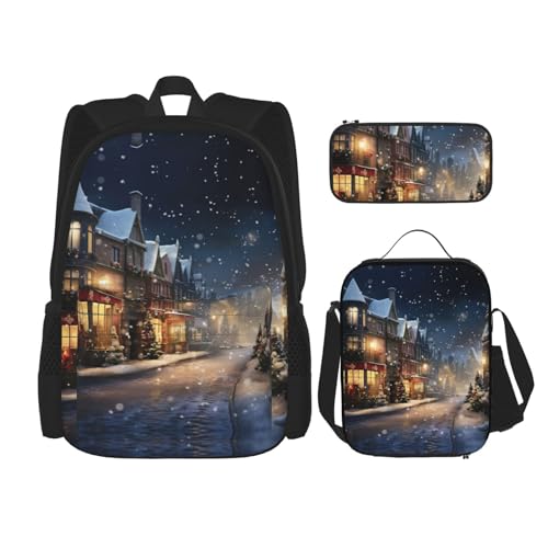 WURTON Lunchbox mit Weihnachtsmotiven, Federmäppchen, Rucksack-Set, 3-teilig, verstellbare Riemen, langlebig, leicht, Schwarz, One Size