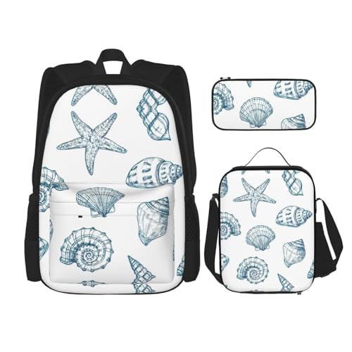 WURTON Schulrucksack-Set mit Seestern-Muschel-Druck, 3-in-1 Büchertasche-Set mit Lunchbox, Federmäppchen, Reise, Laptop, Tagesrucksack