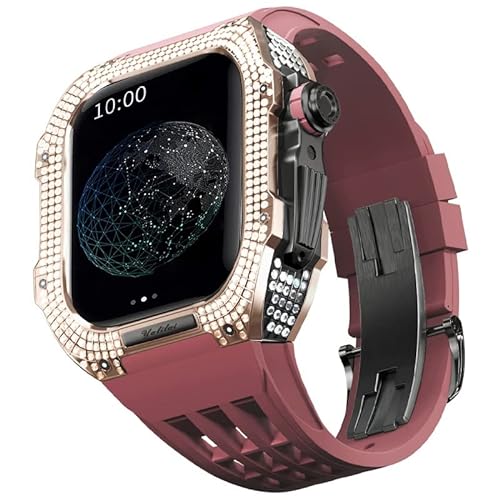 TONECY Uhren-Modifikationsset für Apple Watch 6 5 4 SE 44 mm Titangehäuse + Viton-Armband, Luxusgehäuse und Armbandmodifikationsset (Farbe: Dunkelrot 9, Größe: 44 mm)