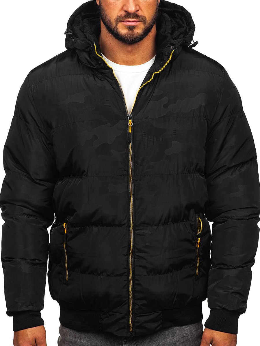 BOLF Herren Winterjacke Steppjacke Sportjacke Daunenjacke Puffer Jacket Kapuze Stehkragen Warm Gefüttert Gepolstert Wasserabweisend Winddicht Outdoor Casual Style Street Look 7270 Schwarz M [4D4]