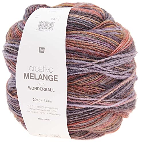 Rico Creative Melange Aran Wonderball Fabe 15, Farbverlaufswolle Nadelstärke 5 mm zum Stricken oder Häkeln, Wolle 200g Knäuel