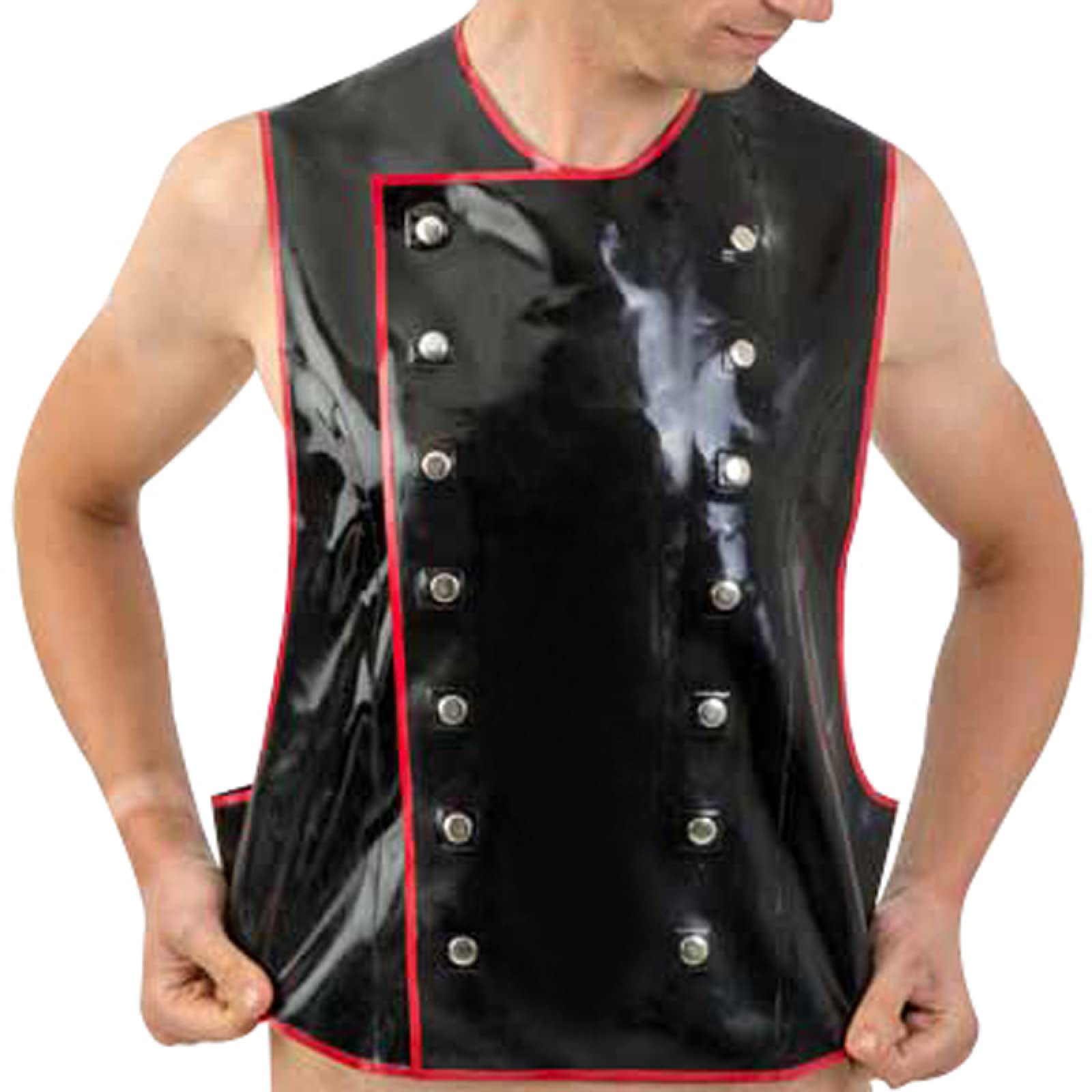 Schwarzes und rotes Trimmen Sexy Latex-Weste-Shirt mit Knöpfen und Gürteln Gummi-Kleidungs-Trägershirt,schwarz mit rot,m