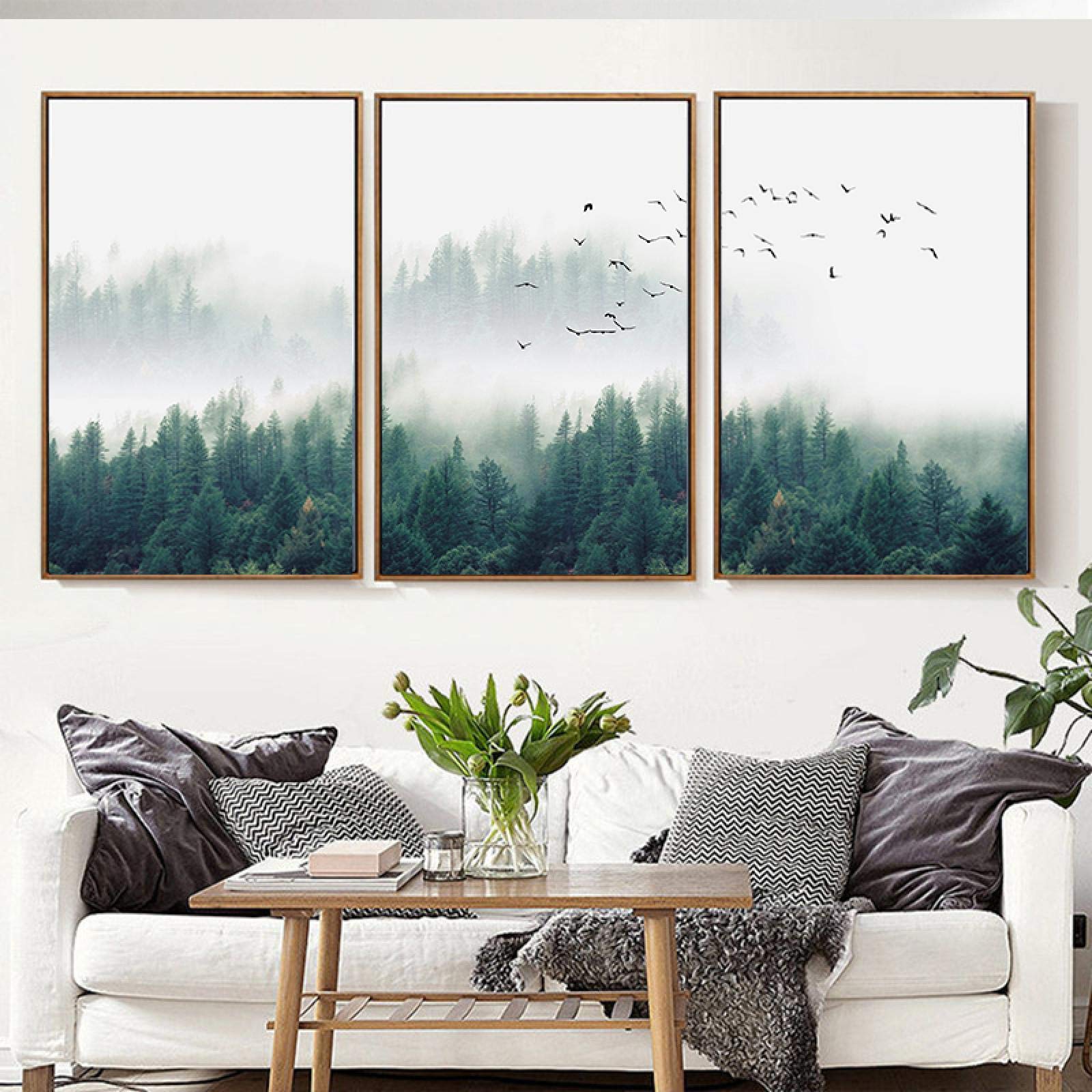 Wandkunstbild, 3 Stück, nordischer Nebel, Wald, Vögel, Landschaft, Leinwand, Poster, Home Office, dekorative Gemälde, 60 x 80 cm, 3 Stück, rahmenlos