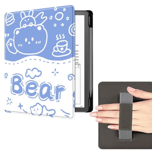 Case for Kindle Scribe (2022) with Hand Strap, PU Leather Smart Case with Auto Wake/Sleep Function with Pen Holder for Kindle Scribe 10.2 inch - Blue and white cute bear