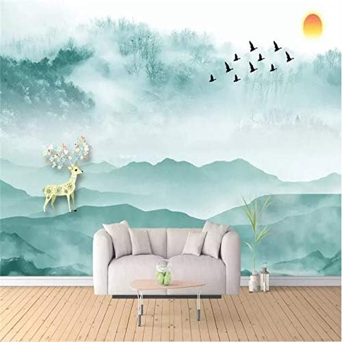 XLMING Tinte Grüner Wald Und Berglandschaft Elch Blumen Küche Esszimmer Arbeitszimmer Wohnzimmer TV Hintergrund Wand 3D Tapete-150cm×105cm