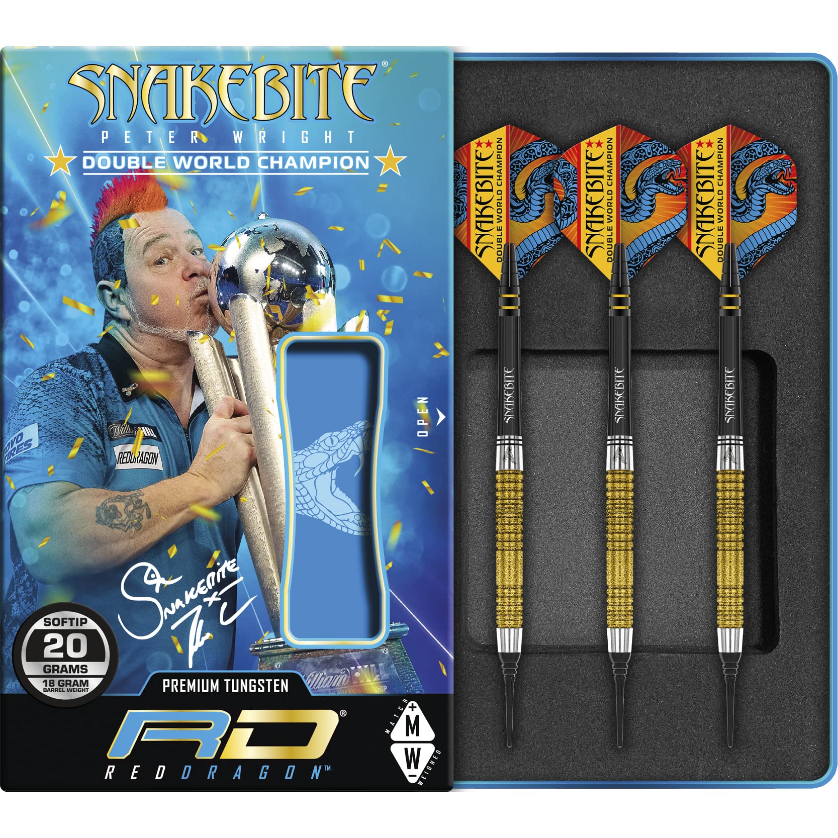 RED DRAGON Peter Wright Snakebite DWC Special Edition Gold Plus softip 18 Gramm Profi Wolfram-Dartset mit Flights und Schäften