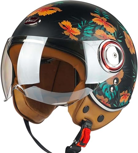 Retro-Halbjet-Helm Mit Offenem Gesicht,Rollerhelm,DOT/ECE-Zugelassener Motorrad-Schalenhelm Mit Visier,Offenes Gesicht, Klassischer Vintage-Jet-Motorradhelm Für Männer Und Frauen C,L57-58cm