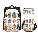 WURTON Rucksack mit Meerschweinchen-Illustrationsdruck, trendiger Rucksack, Lunchbox, Federmäppchen, 3-in-1, verstellbares Rucksack-Set, Schwarz , Einheitsgröße