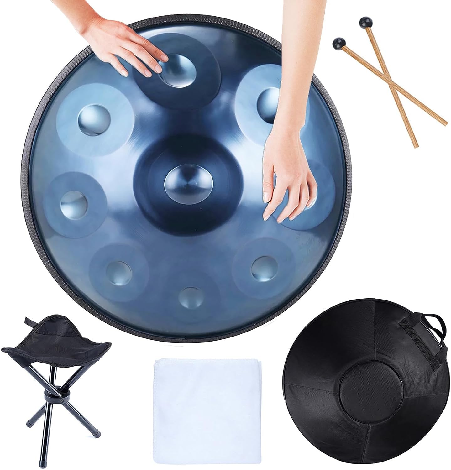 9/10/12 Hinweis Handpfannentrommel, 22 Zoll in d-Moll Handtrommel, Steel Drum Percussion mit Handpan-Ständer und weiche Handpan-Tasche, Handtrommel aus Stahl für Erwachsene,Blau,9 Notes