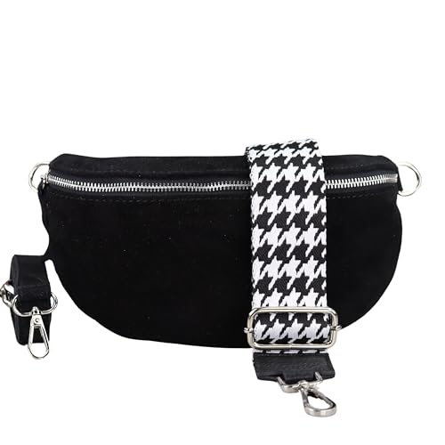 BLADE Bauchtasche Damen, Handgemachte Wildledertasche, Crossbody Bag, Gürteltasche Echtes Leder mit 2 abnehmbaren/verstellbaren breiten Gürteln, Umhängetasche aus Italien, Geschenk für Sie -Schw