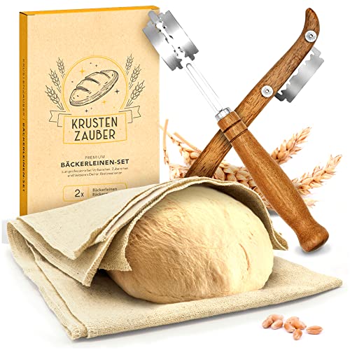 KRUSTENZAUBER Bäckerleinen und Bäckermesser Set - 2x Leinentuch 75x45cm + 2x Teigmesser - Brot Backen Zubehör, Teigschneider, Brotmesser, Gärfolie, Teigtuch, Sauerteig Starter Set, Brotklinge