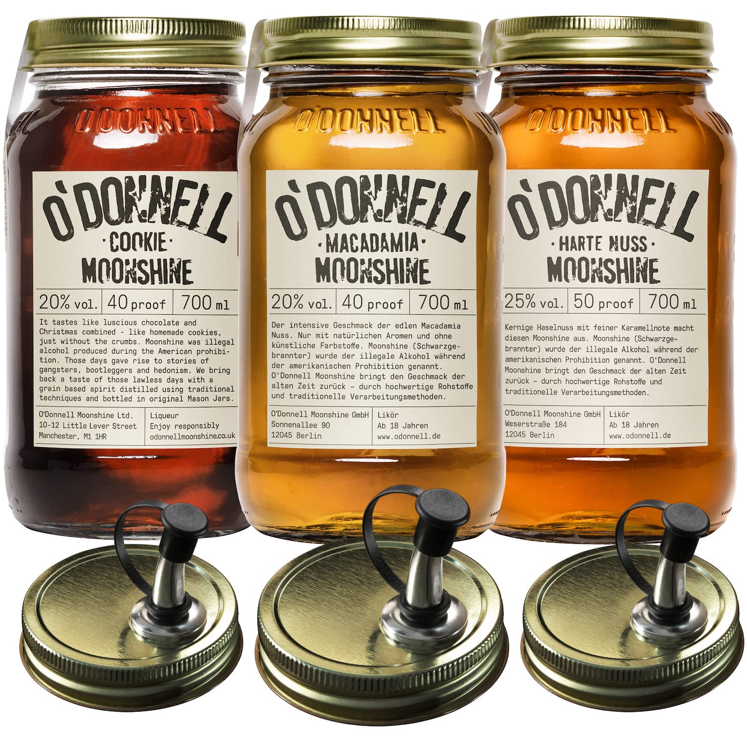 O'Donnell Moonshine Geschenkset | Geschenkbox | Premium Likör nach amerikanischer Tradition | 3 x 700ml | Natürliche Zutaten | Vegan | mit Ausgießer (Macadamia/Cookie/Harte Nuss)