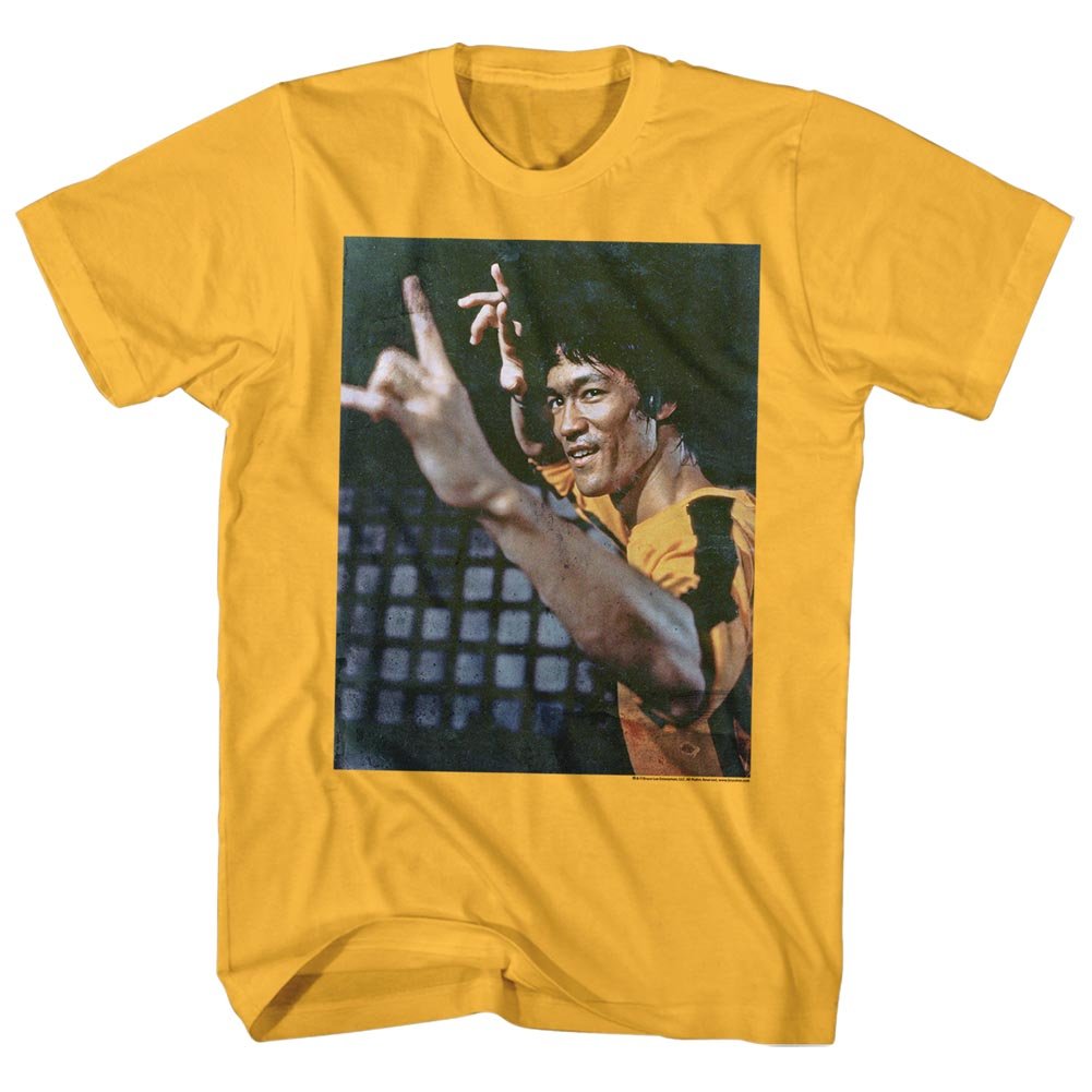 Bruce Lee T-Shirt für Erwachsene, chinesische Kampfsport-Ikone, Gelb, Orange/Abendrot im Zickzackmuster (Sunset Chevron), Klein