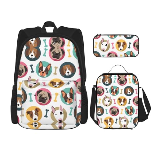 WURTON Rucksack mit Hundemuster, 3-in-1, Büchertaschen-Set, Lunchbox, Federmäppchen, Reisen, Laptop, Tagesrucksäcke, Schwarz, Einheitsgröße