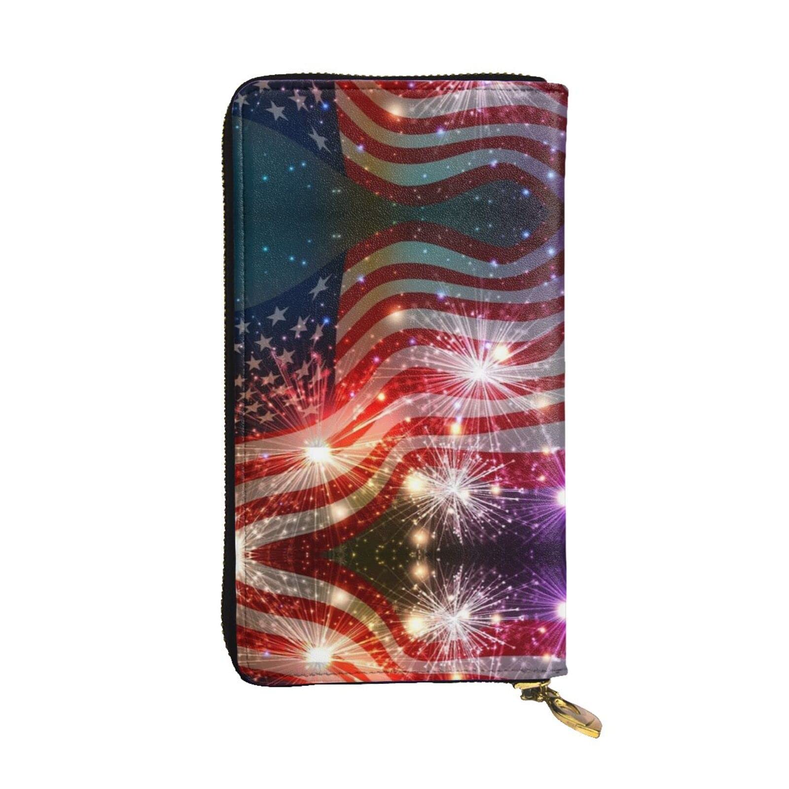 DMORJ Fireworks lange Clutch aus Leder mit amerikanischer Flagge: 19 x 10 cm, bequem, leicht, wasserdicht, langlebig, schönes Geschenk, Schwarz, Einheitsgröße, Schwarz, Schwarz , Einheitsgröße