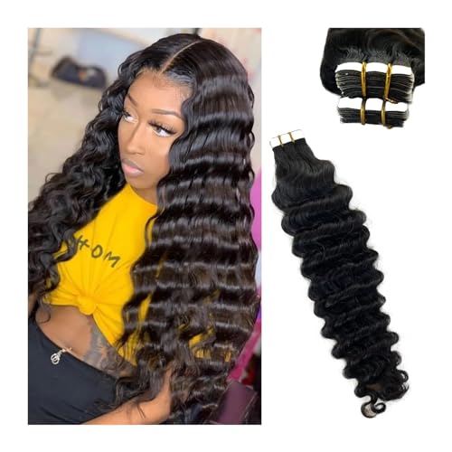 Tape in Haarverlängerungen 20 Stück Echthaar-Tape-in-Extensions, 40,6–66 cm, tiefe Wellen, natürliches Schwarz, echtes Remy-Echthaar, Tape-in-Extensions for schwarze Frauen Tape in Extensions(22 inche