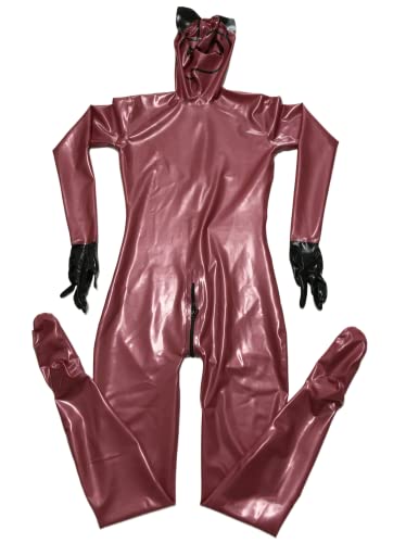 Metallic Rose Red Latex Fetisch Ganzkörper Catsuit mit Cat Ear Hood Handschuhe Socken