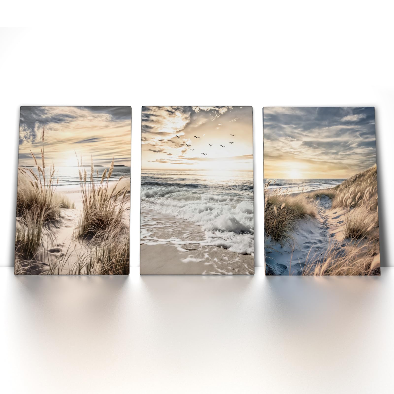 CanvasArts 3er Bilder Set - Leinwand Bilder - Strand Meer Beige Blau Braun Mood Ruhe Pampas Wohnzimmer Schlafzimmer Esszimmer (60 x 40 cm, Leinwand auf Keilrahmen)