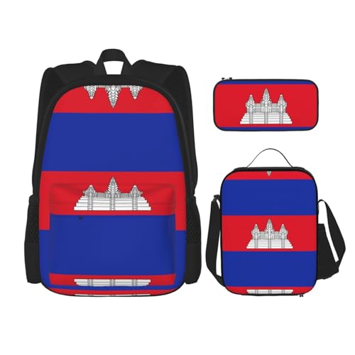 WURTON Rucksack-Set mit Kambodscha-Flaggen-Druck, verstellbare Schultergurte, Lunch-Tasche, Federmäppchen, Kombinationstaschen-Set