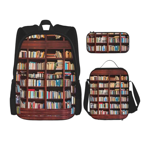 WURTON Schulrucksack-Set mit Bücher-Druck, 3-in-1-Büchertaschen-Set mit Lunchbox, Federmäppchen, Reisen, Laptop, Tagesrucksäcke